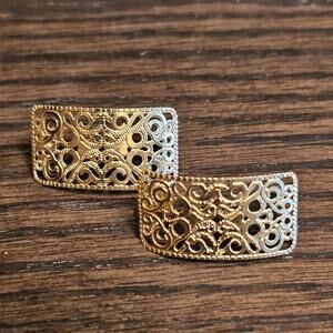 Vintage 14K Yellow Gold Crescent Diamond Cut Filigree Stud Dangle Earrings